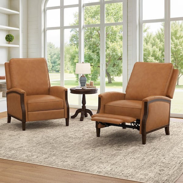 Lia Mid Century Brown Comfy Genuine Leather Manual Push Back Recliner with Solid Wood Frame Handrail(Set of 2)