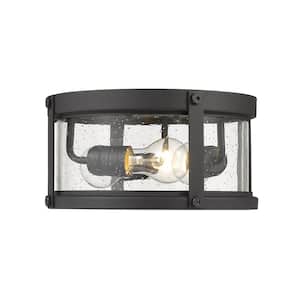 3-Light Black Outdoor Flush Mount with Clear Seedy Glass Shade