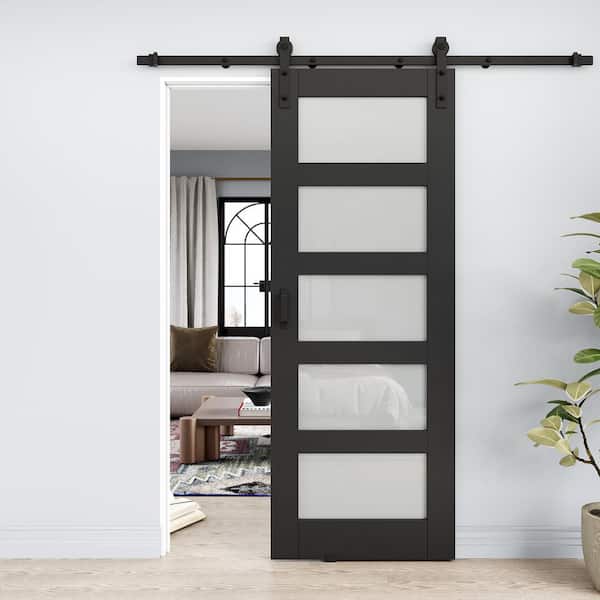 28 in. x 80 in. 5-Lite Frosted Glass Black Finished MDF Sliding Barn Door with Hardware Kit and Soft Close for Bathroom