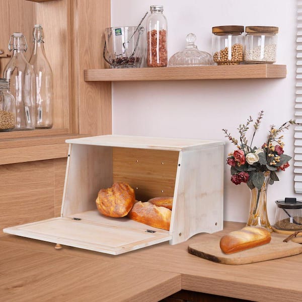1-Piece White Vintage Bamboo Bread Box for Kitchen Counter Storage, Fits 2 Loaves, Farmhouse Style