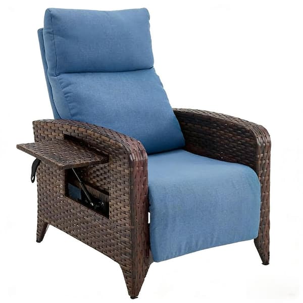 Patio Chairs Wicker Outdoor Recliner with Blue Cushions, Adjustable Back, Extended Footrest and Table