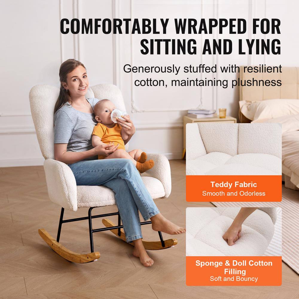 Woman and child sitting comfortably in a plush rocking chair.