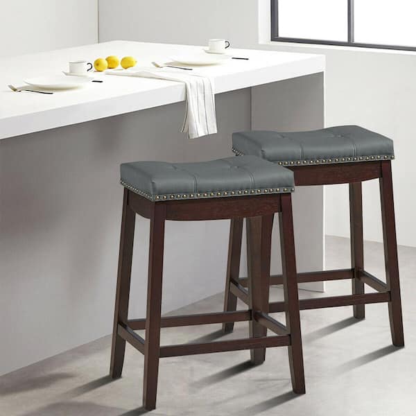 Nailhead Saddle 24 in. Grey Backless Wood Counter Bar Stools Brown with Cushion (Set of 2)