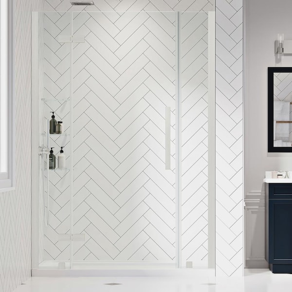 OVE Decors Tampa 48 in. L x 34 in. W x 75 in. H Alcove Shower Kit w/ Pivot Frameless Shower Door in SN w/Shelves and Shower Pan