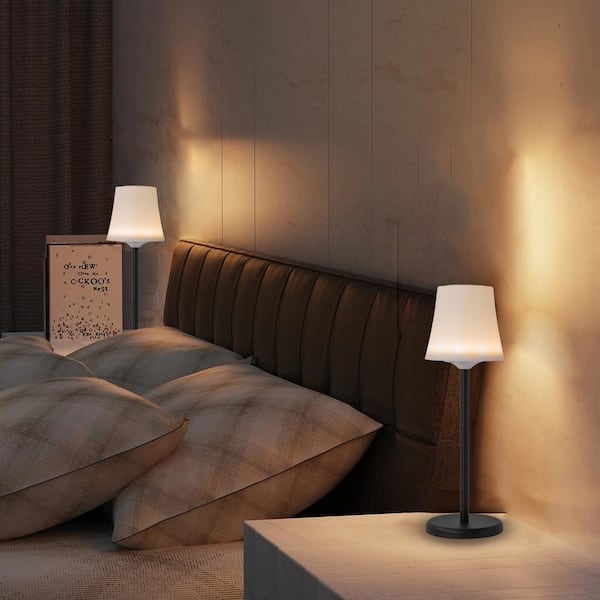 2-Pack 13 in. Black Modern Rechargeable Integrated LED Mushroom Table Lamp for Living Room with White Plastic Shade