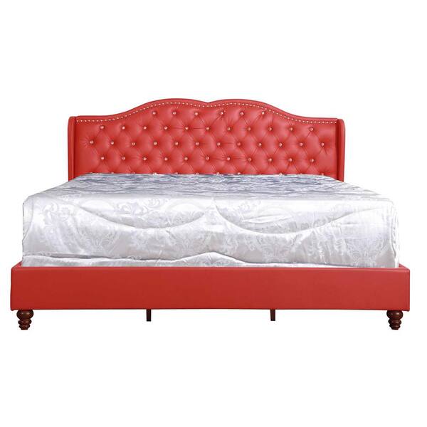 Joy Jeweled Red Tufted King Panel Bed, Red King Size Platform Bed