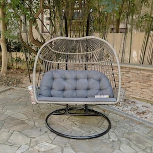 Greek Beige Wicker Double Seat Patio Swing Chair with Gray Matched Cushion