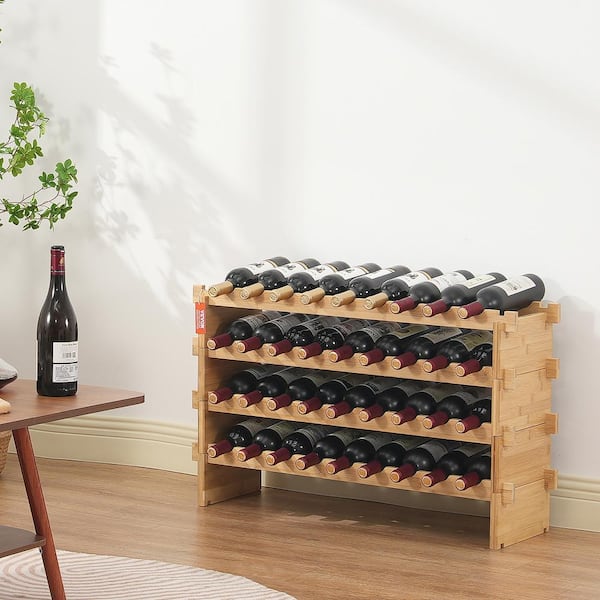 36-Bottle Stackable Modular Wine Rack, 4-Tier Solid Bamboo Wood Storage Racks, Freestanding Wines Holder, Wobble-Free