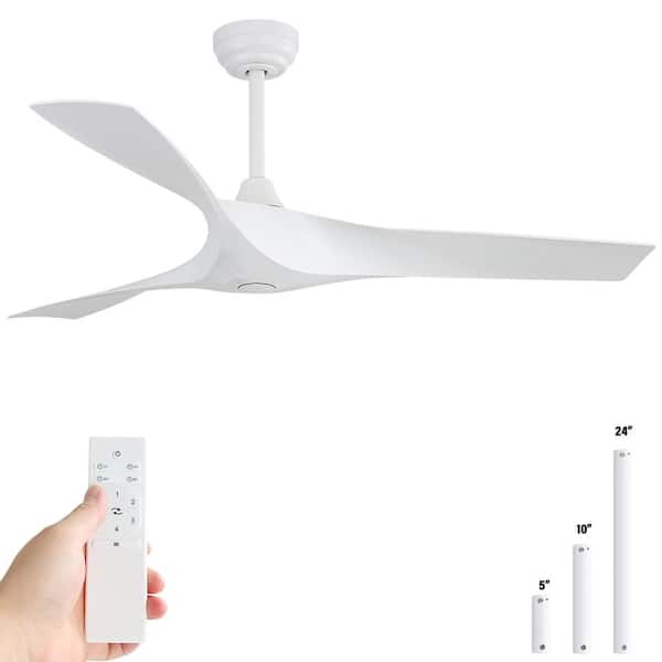 Sofucor 52 in. Indoor/Outdoor White Ceiling Fan No Light With Remote 3 Curved ABS Blades