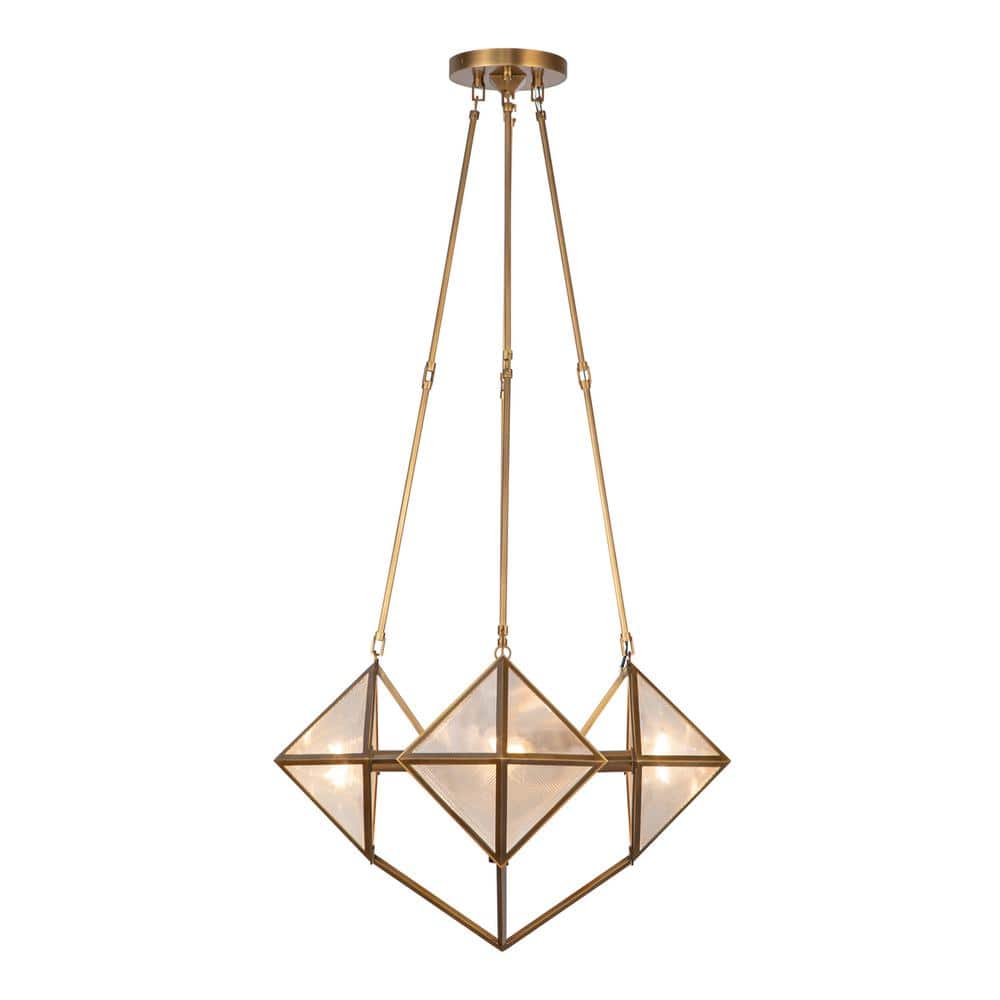 Vintage Brass Geometric 4-Light Chandelier with Ribbed Glass