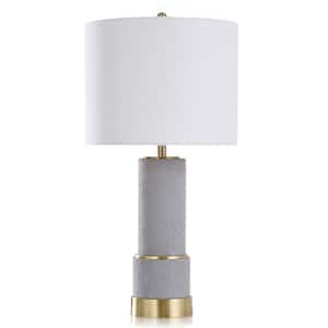 32 in. Grey, Gold Metal, Concrete, Fabric Table Lamp with White Linen Shade