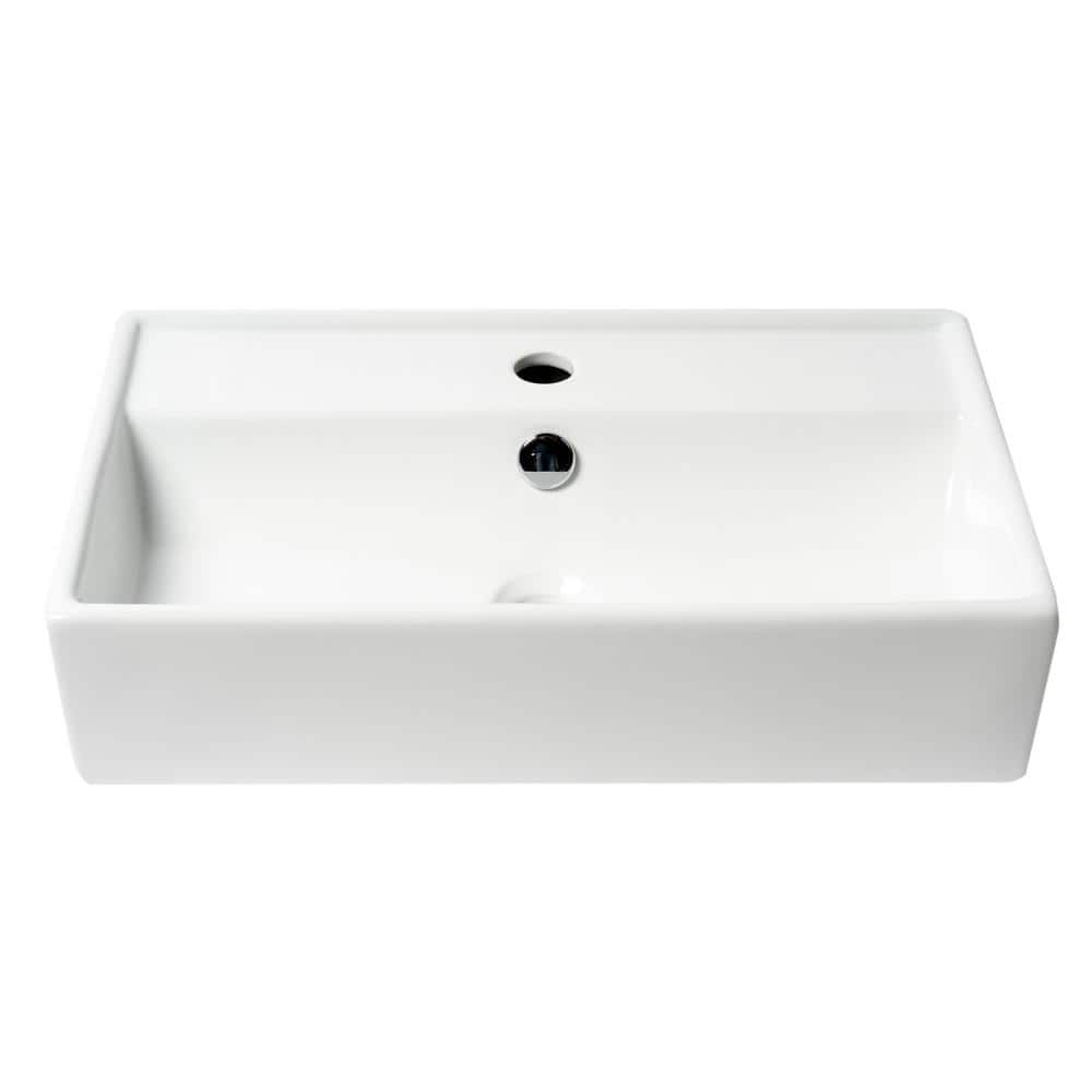 White Ceramic Rectangular Wall-Mounted Bathroom Sink with Overflow