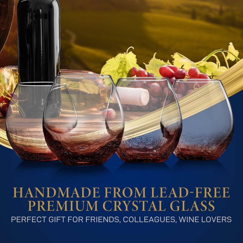 Hand-Blown Crystal Stemless Wine Glasses with Ice Crack Effect, Set of 4