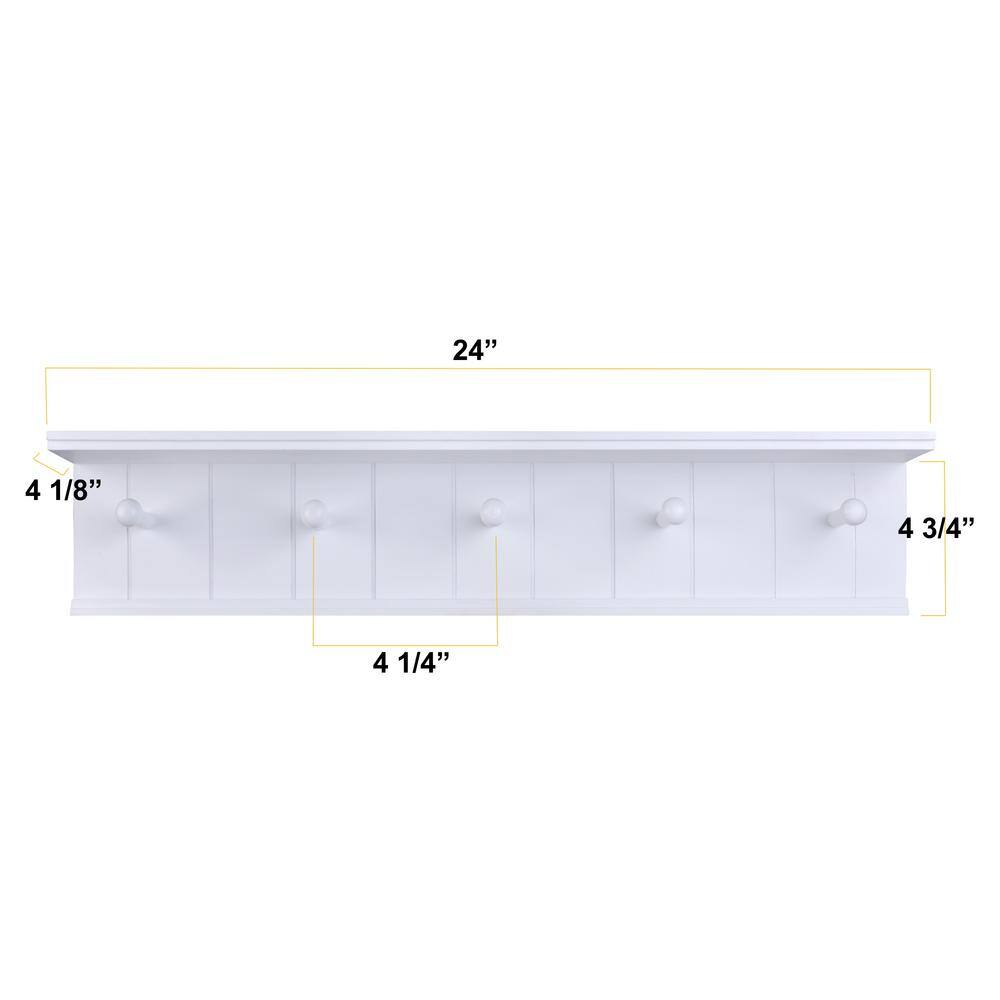 White Wooden Wall Mount Coat Rack with Shelf and 5 Hooks