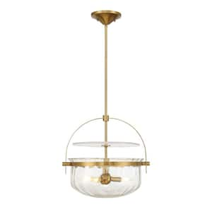 Denmar 18 in. W x 19 in. H 4-Light Warm Brass Convertible Semi-Flush or Pendant Light with Crackled Glass Shade