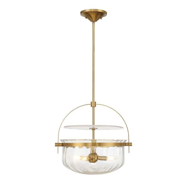 Savoy House Denmar 18 in. W x 19 in. H 4-Light Warm Brass Convertible Semi-Flush or Pendant Light with Crackled Glass Shade
