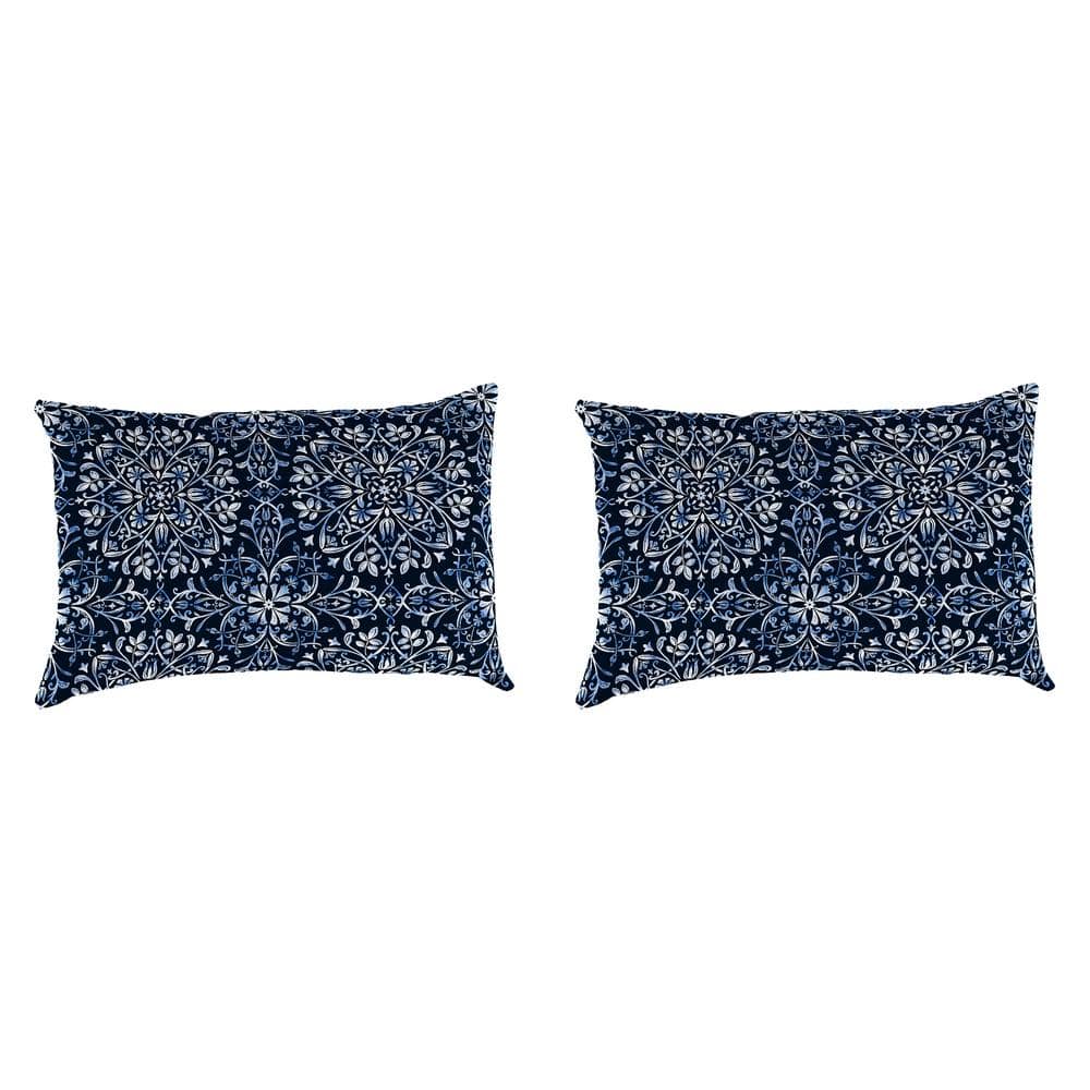 Dresden Midnight Navy Damask Rectangular Outdoor Lumbar Throw Pillow Set
