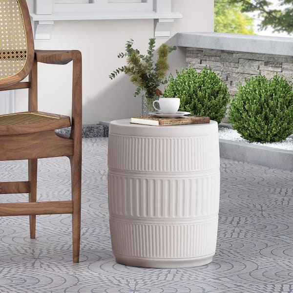 Antique White Round Lightweight Concrete 18.5 in. H Outdoor Side Table with A Fluted Design