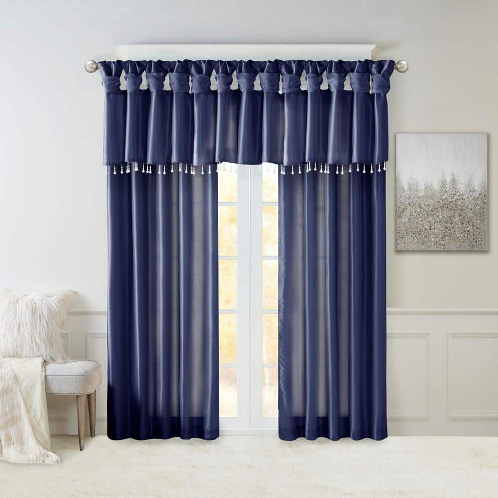 Navy Faux Silk Tab Top Valance with Beads
