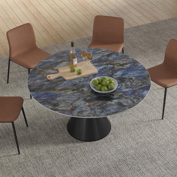 Lesly Modern Round White Top Sapphire Stone Tabletop 53.15 in. Black Titanium Stainless Steel Pedestal Dining Table (Seats-4)