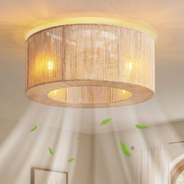 18 in. Indoor Boho Rattan Caged White Low Profile Bladeless Ceiling Fan with Light and Remote, Flush Mount Ceiling Fan