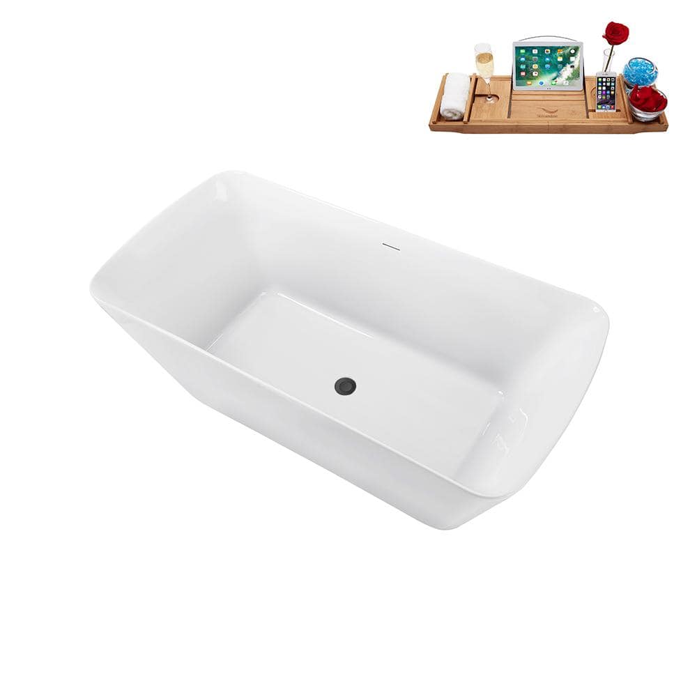 59'' Glossy White Acrylic Freestanding Soaking Bathtub with Brushed GunMetal Drain