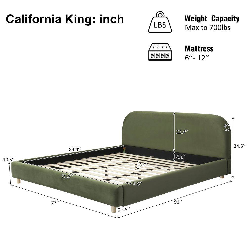 Solara Olive Green Wood Frame King Size Upholstered Platform Bed with Curve-Shaped Design Headboard - thumbnail 5