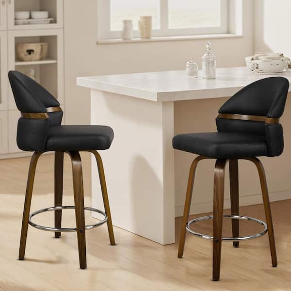 Art Leon Modern Black Faux Leather Swivel Bar Stools with Wood Legs (Set of 2)