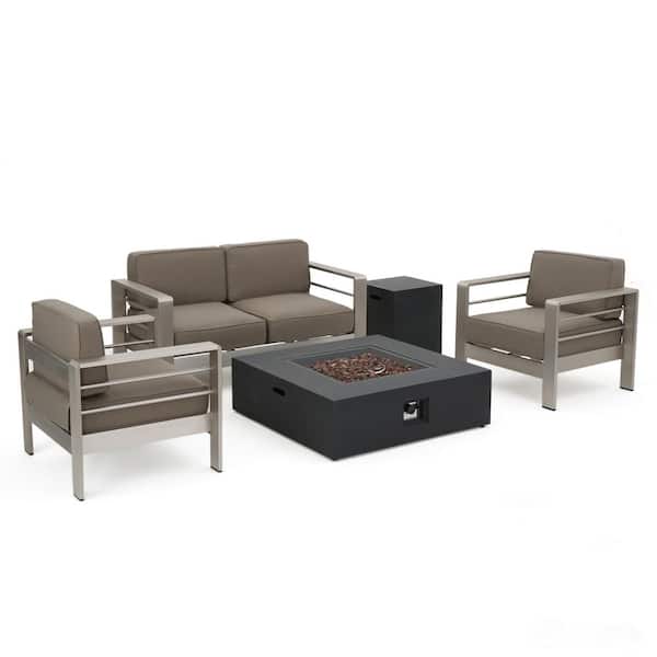 Cape Coral Khaki 5-Piece Aluminum Patio Fire Pit Conversation Set with Khaki Cushions