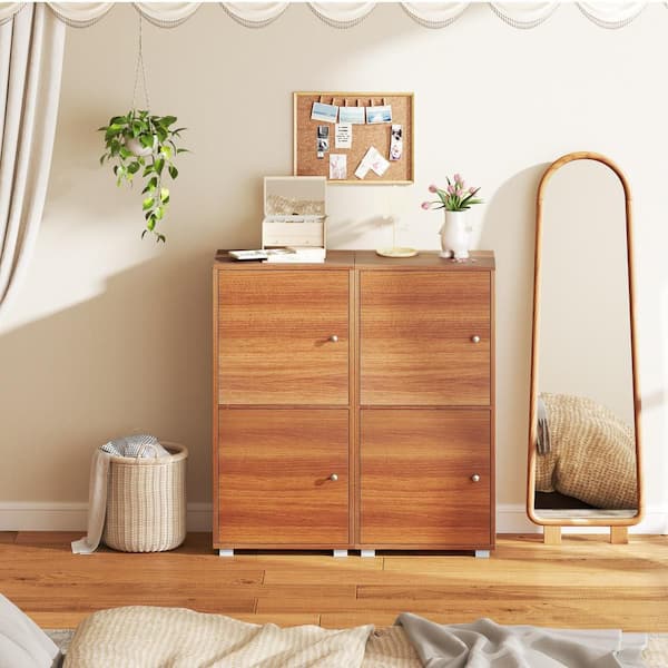 2 PCS Walnut 2-Door Storage Cabinet w/ Adjustable Shelves Kitchen Buffet Cabinet w/ 2 Doors