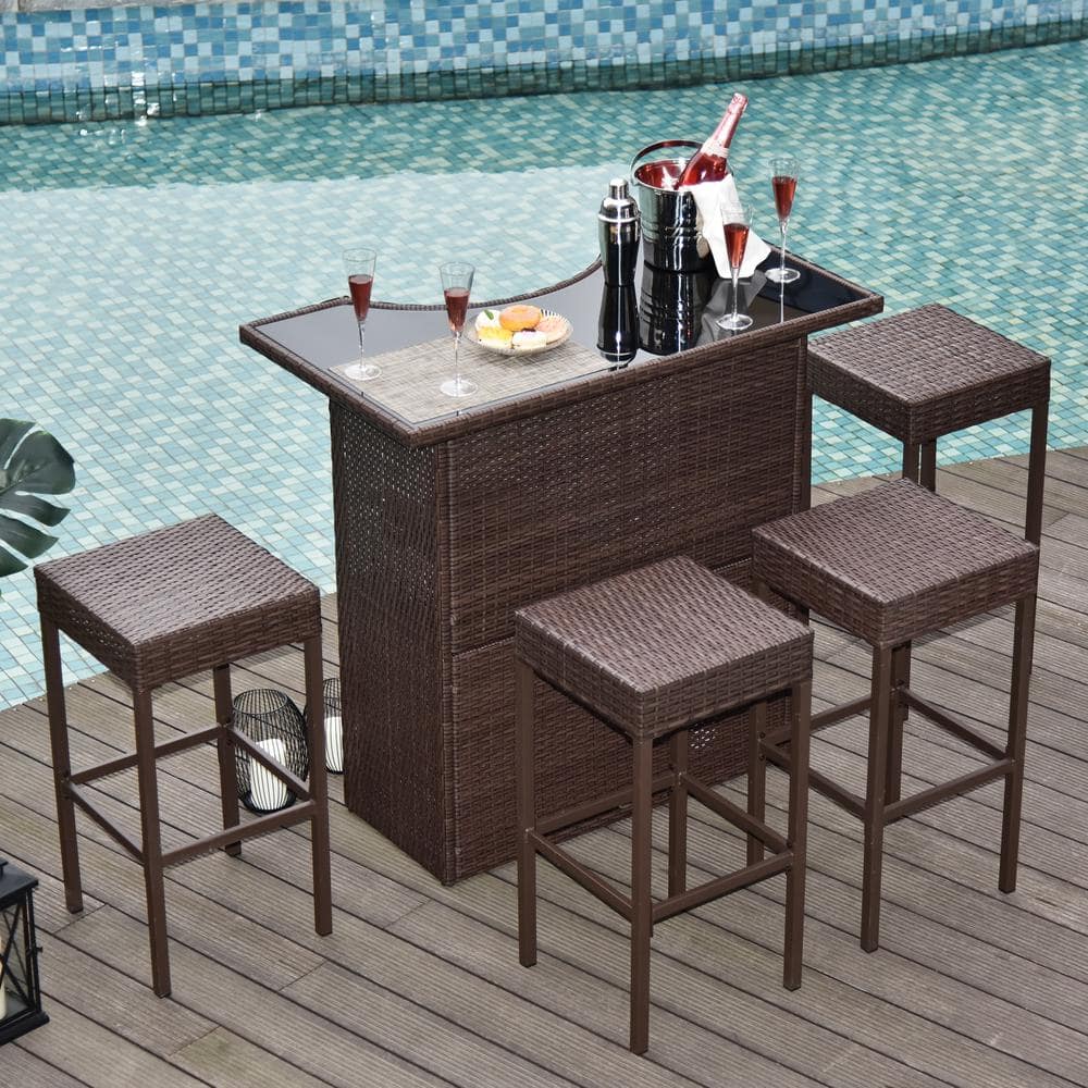 Brown Rattan Wicker Bar Set with Glass Top Table and 4 Stools