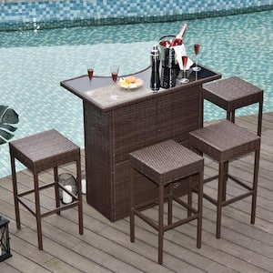 5-Piece Metal Rectangle Bar Height Outdoor Serving Bar Set with 4-Chairs and Glass Tabletop