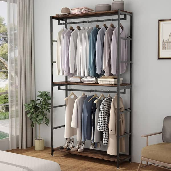 Siavonce Multifunction Free-Standing Particle Board Clothes Rack Closet Organizer with Storage Box and Side Hook, Rustic Brown