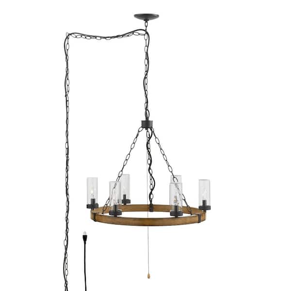 Hampton Bay Aspenwood 25.5 in. 6-Light Black with Woodgrain Farmhouse Outdoor Chandelier with Clear Glass Shade