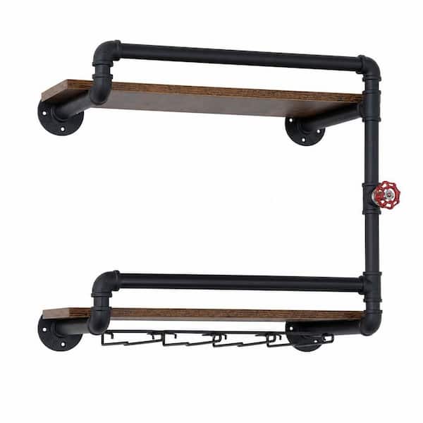 2-Tier Wall Mounted Wine Rack, Hanging Floating Small Mini Bar Liquor Shelves with Glass Holder Storage Under