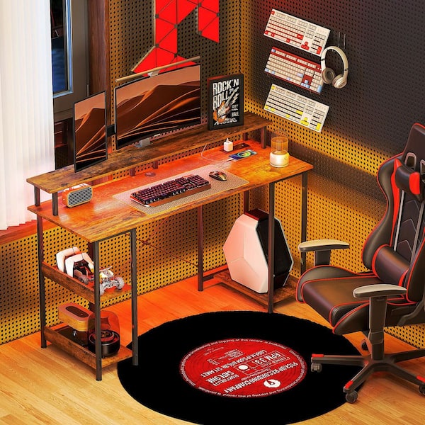 55.1 in. Rectangular Rustic Brown Computer Desk with Power Outlets and LED Lights