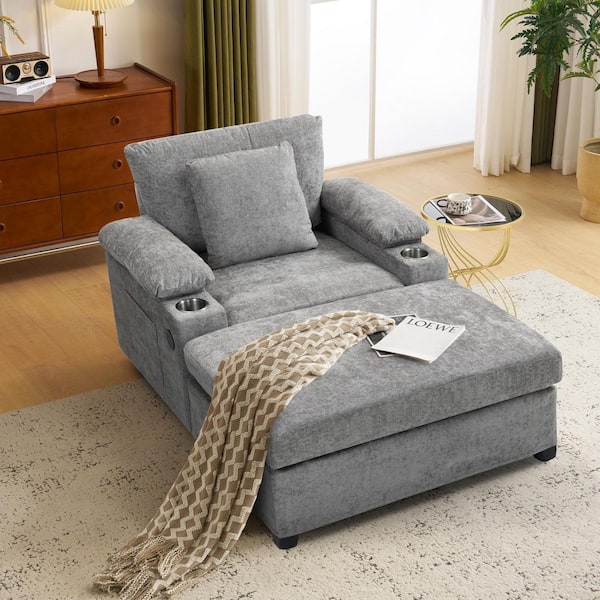 Oversized Gray 38.6 in. Chenille Chaise Lounge with Charge Station, Cup Holders, Side Pockets, Flip-Top Storage Boxes