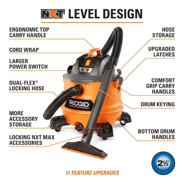 RIDGID - 14 Gallon 6.0 Peak HP NXT Shop Vacuum Wet Dry Vac with Fine Dust Filter, Locking Hose, Accessories and Car Cleaning Kit