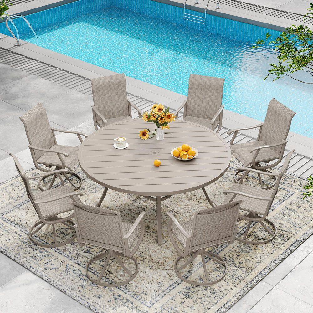 All Weather 9-Piece Metal Outdoor Dining Set with 60 in. Sandshell Round Table and 8 Sandshell Swivel Dining Chairs price history on PriceWatchPro