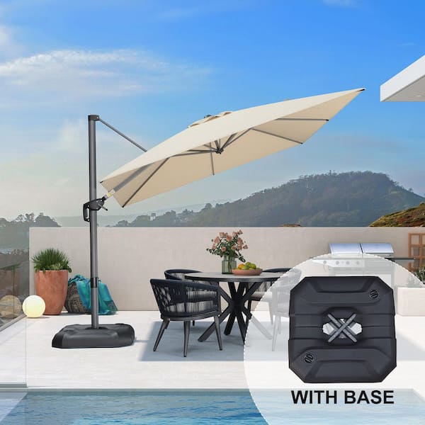 9 ft. Square Aluminum Outdoor Cantilever Patio Umbrella Offset 360° Rotation Umbrella with Base, in Beige