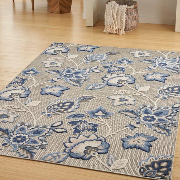 Aloha Blue/Grey 9 ft. x 12 ft. Botanical Contemporary Indoor/Outdoor Area Rug