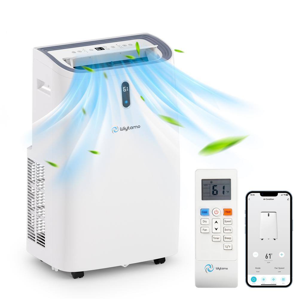 14,000 BTU Portable Air Conditioner Cools 700 Sq. Ft. with Heater and Dehumidifier with Wi-Fi in White, Auto Swing