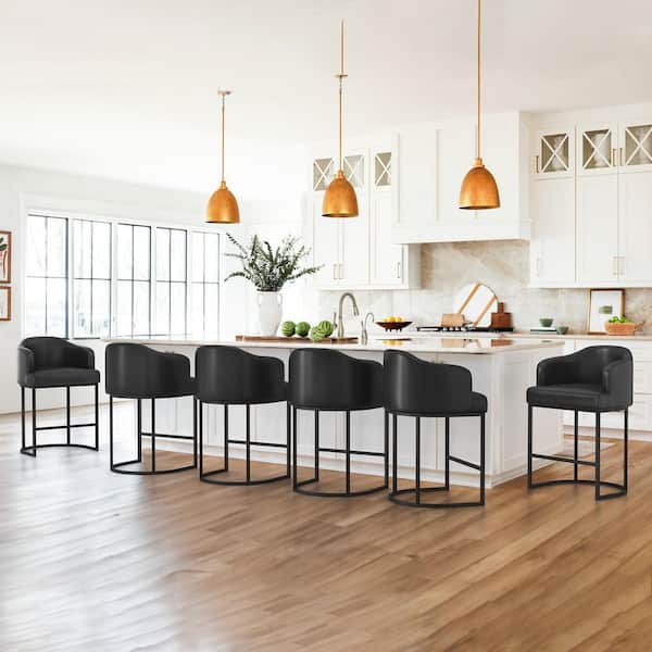 Crystal 26in. Black Faux Leather Upholstered Counter Stool Kitchen Island Bar Stool with Metal Frame Set of 6