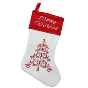 15.5 in. Red and White Polyester MERRY CHRISTMAS Tree Stocking with Red Cuff