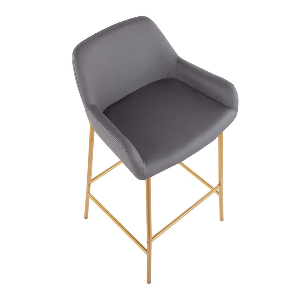 Set of 2 Gold Metal and Gray Faux Leather Bar Stools