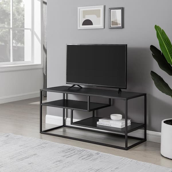40 in. Solid Black Wood and Metal Modern Open-Storage TV Stand for TVs up 43 in.