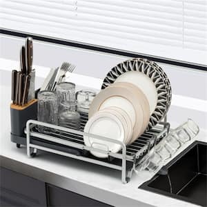 Single Tier Aluminum Expandable Drying Dish Rack with Drainboard and Rotatable Drainage Spout in Dark Gray