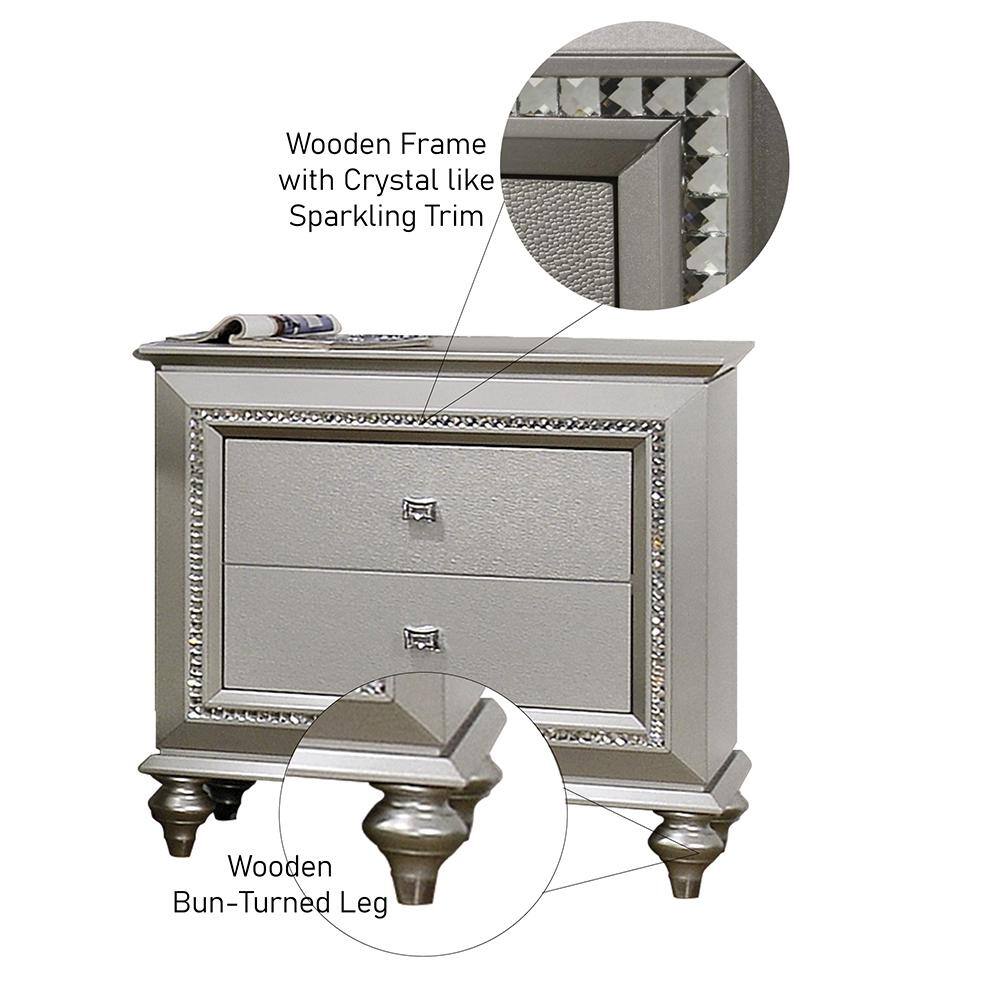 Kaitlyn Champagne Glam 2-Drawer Nightstand with Crystal Trim