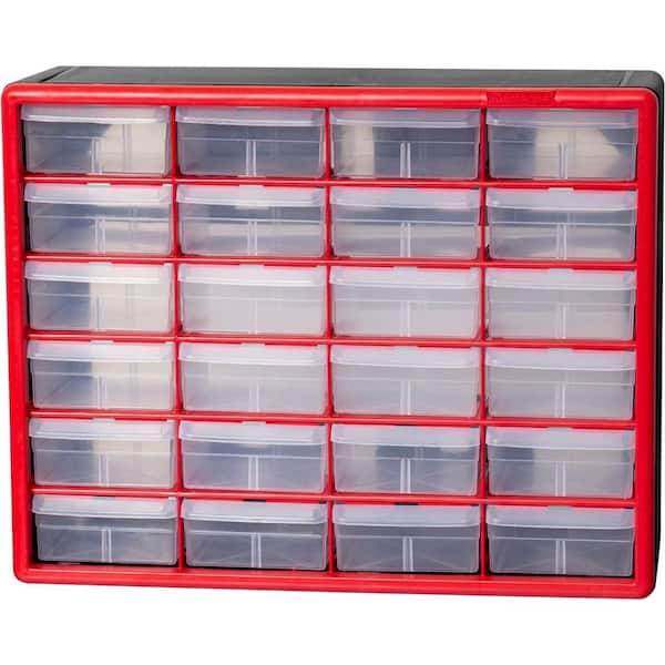 24-Compartment Drawer Small Parts Organizer Hardware Storage, 20 in. W x 6 3/8 in. D x 15 13/16 in. H, Red (1-Pack)