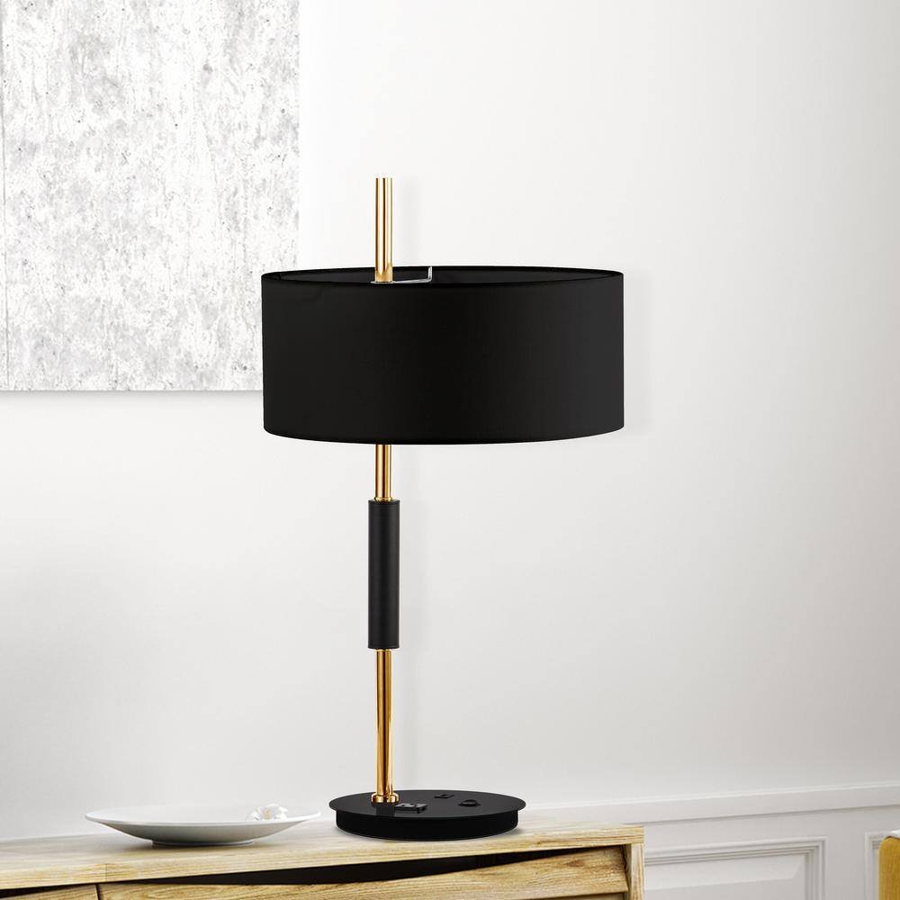 Adjustable Matte Black and Aged Brass Table Lamp with Black Shade